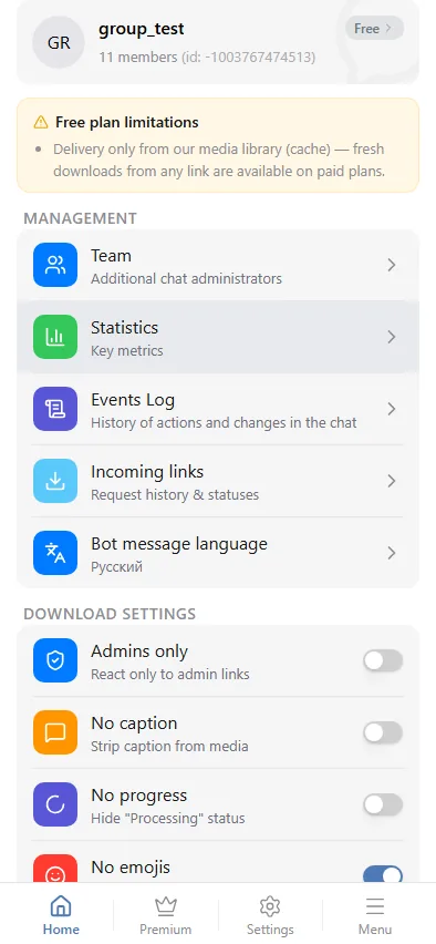 Chat settings: the download toggles.
