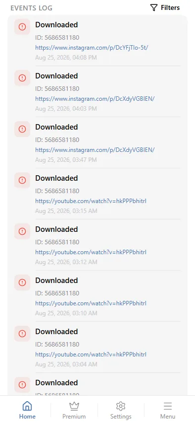 The events log with its type filter.