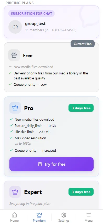 Plans in the mini app.